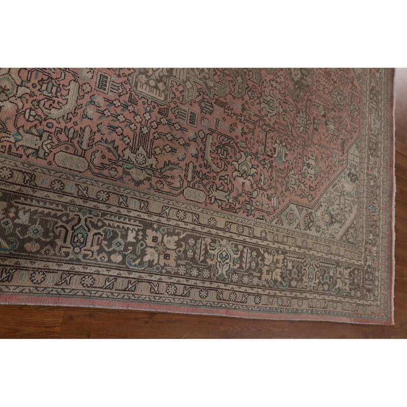 Geometric Pink Tabriz Persian Vintage Rug Hand-Knotted Wool Carpet - 7'11" x 11'2"