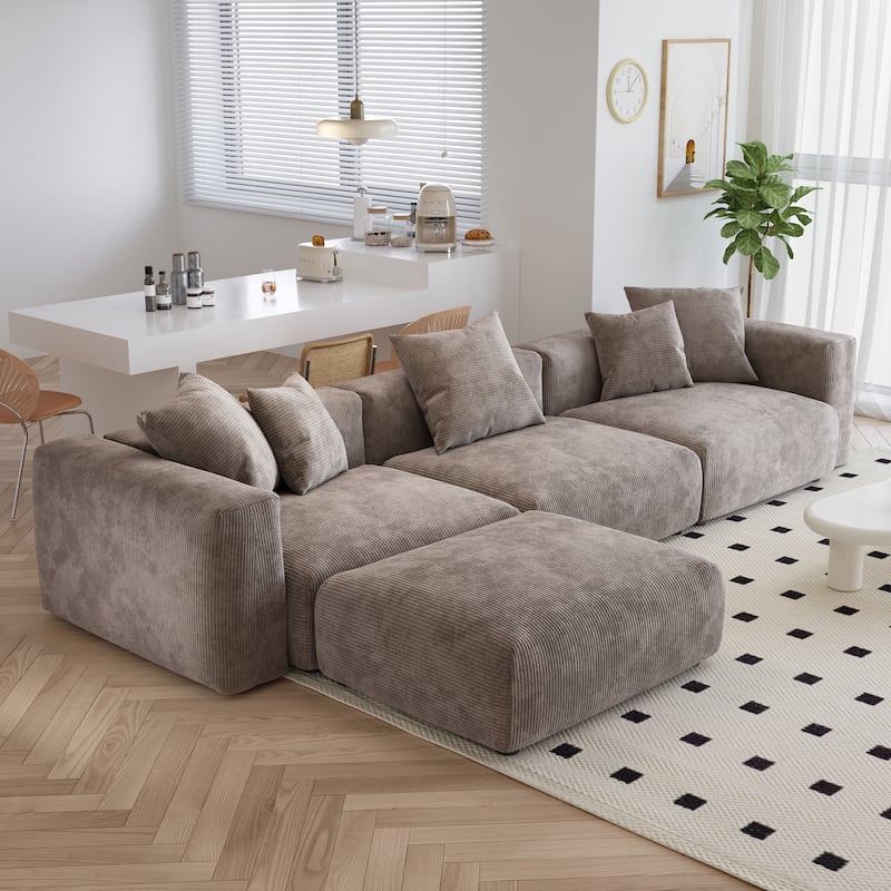 L Shaped Modern Sectional Couch Sofa with 5 Pillows and Chaise Ottoman, Cushion Covers Removable