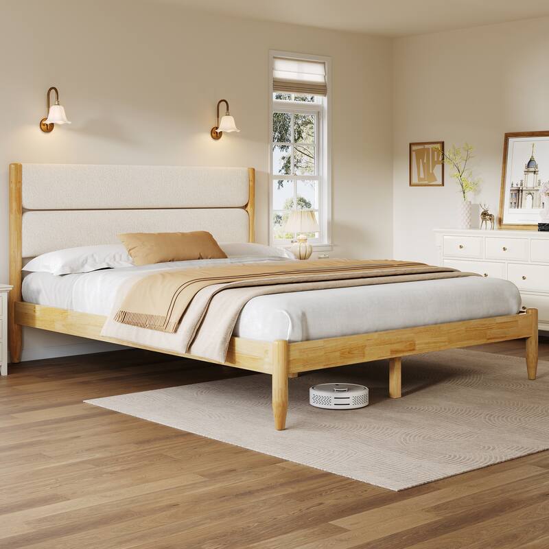 Queen Size Solid Wood Bed Frame with Upholstered Headboard, Ivory