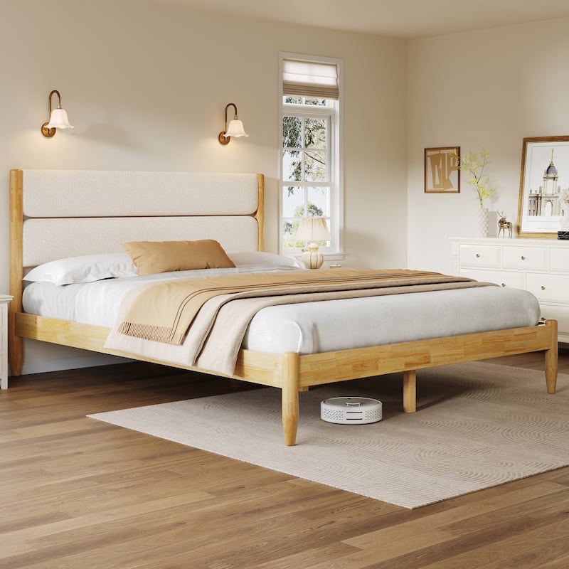 Solid Wood Bed Frame with Panel Upholstered Headboard Mid-Century Modern Platform Bed with Durable Wooden Slats, Easy Assembly