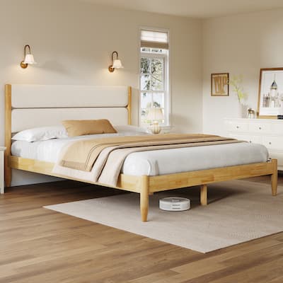 Solid Wood Platform Bed Frame with Ivory Fleece Upholstered Headboard, Wood Slats Support and Center Wood Legs