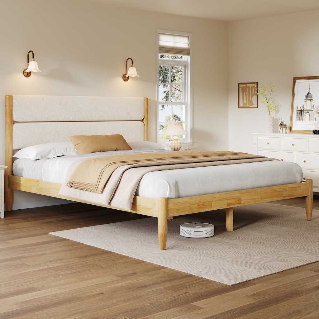Solid Wood Platform Bed Frame with Ivory Fleece Upholstered Headboard, Wood Slats Support and Center Wood Legs