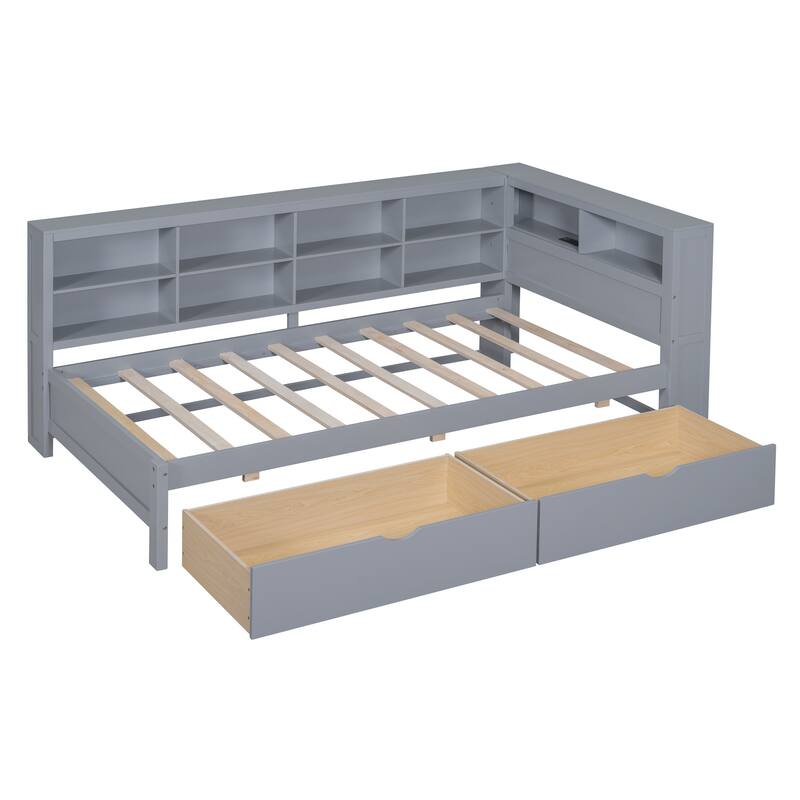 Wood Twin/Full Size DayBed with 2 Drawers, Storage Shelf and USB Charging Ports