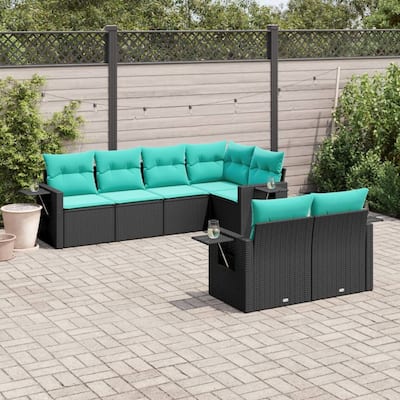 vidaXL 7 Piece Patio Sofa Set with Cushions Black Poly Rattan - 21.7x27.2x24.4