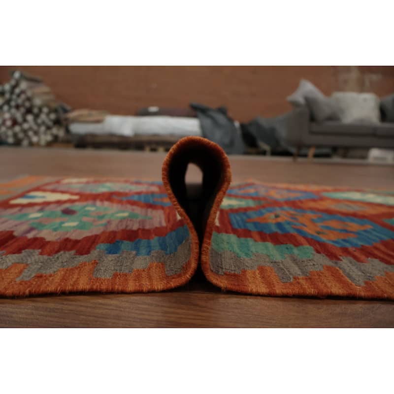 Hand Woven Oriental 100% Wool Carpet Southwestern Geometric Oranges & Rust Kilim Runner Rug - 9' 4'' X 2' 5''
