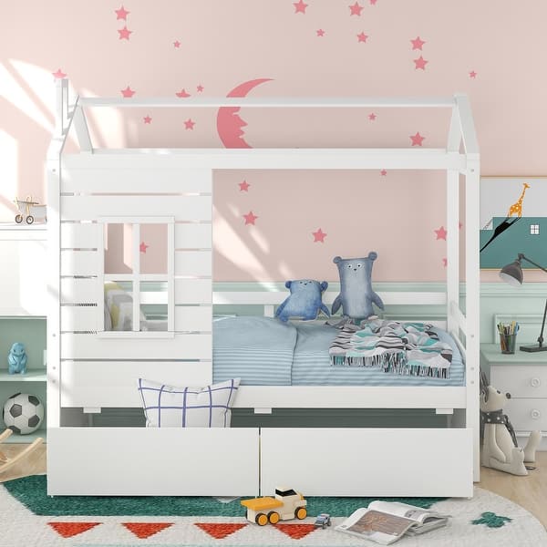 slide 2 of 12, Twin Size House Bed Wood Bed with Two Drawers White