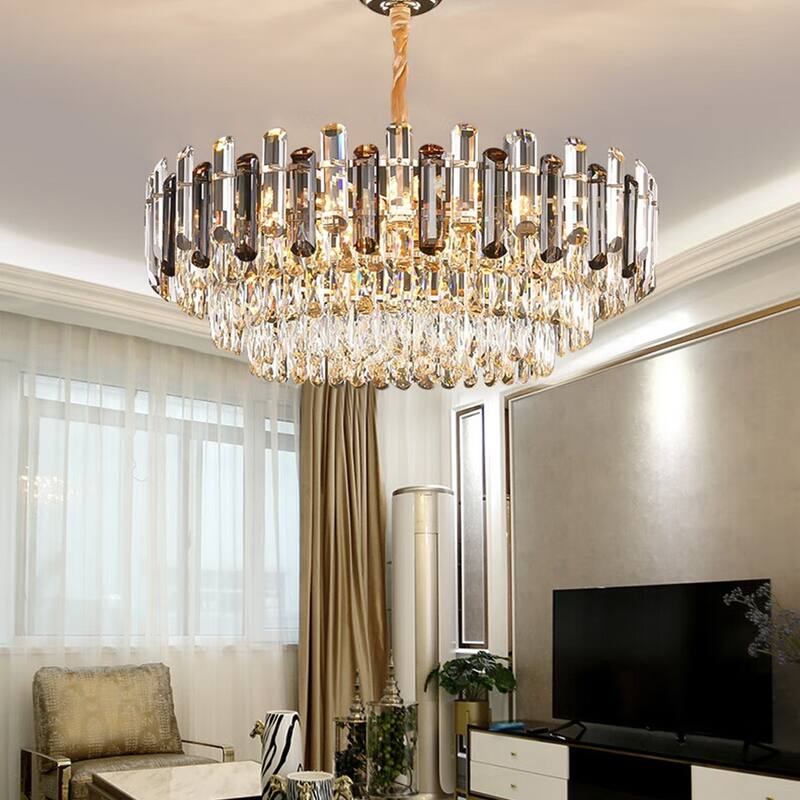 Round Layer Shining Crystal Ceiling Chandelier Lamp with 3 Color Lighting Pendant Light Fixture - 24"