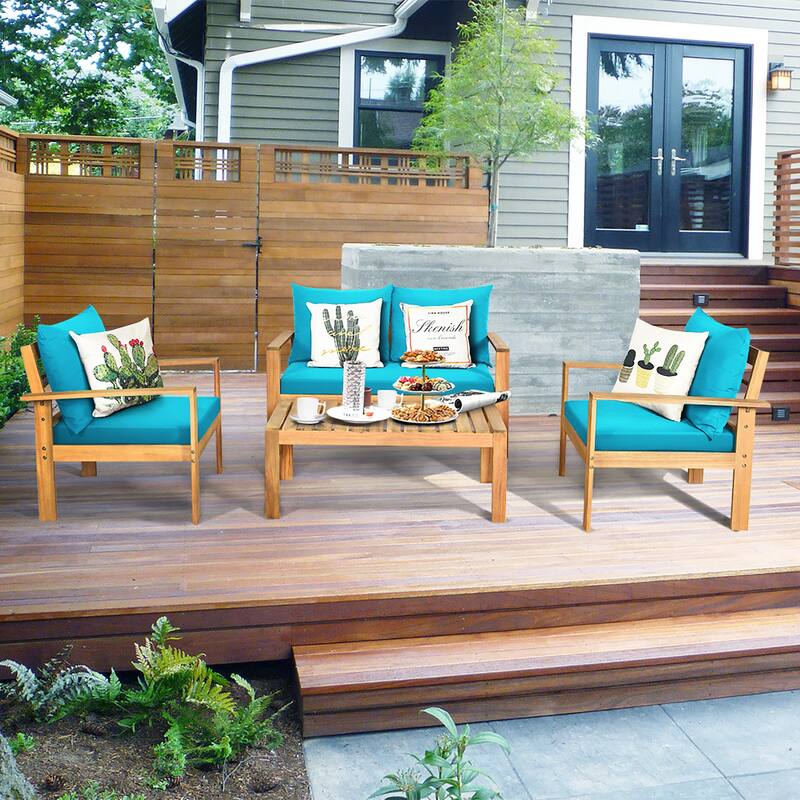 Costway 4PCS Patio Furniture Set Acacia Wood Thick Cushion Loveseat - See details - Turquoise