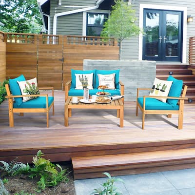 Costway 4PCS Patio Furniture Set Acacia Wood Thick Cushion Loveseat - See details