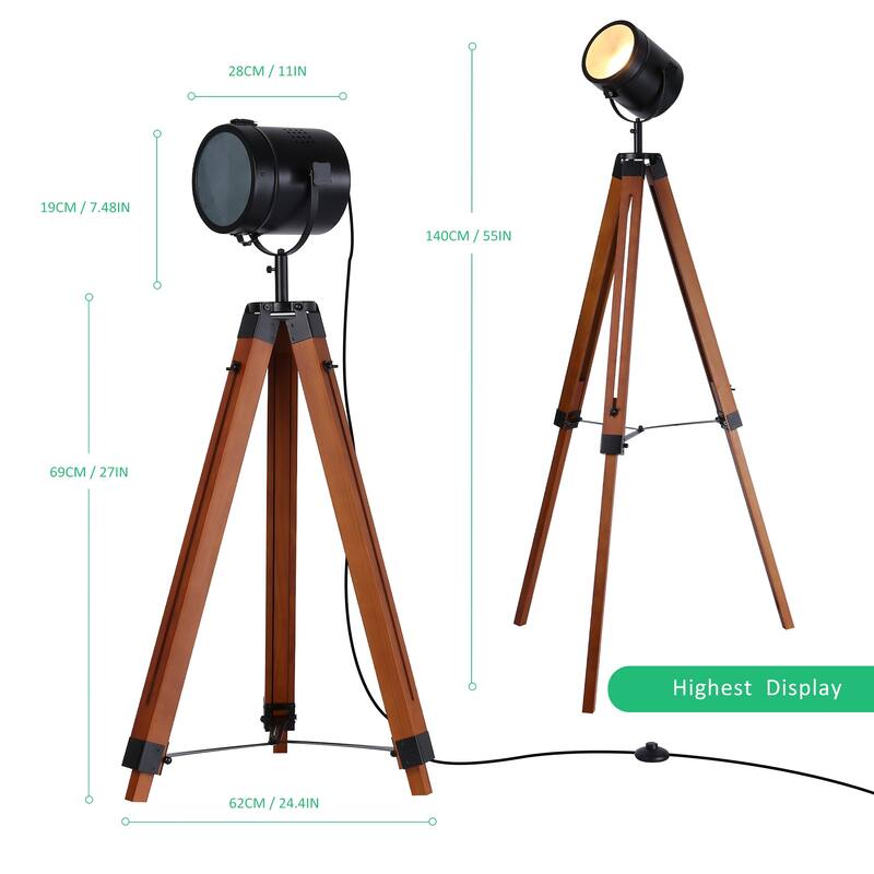 Modern Industrial Metal Wooden Nautical Tripod Floor Lamp- Retro Adjustable Rustic Reading Desk Table Lamp for Living Room