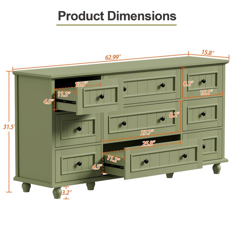 Vintage 9-Drawer Dresser Retro Storage Cabinet with Solid Legs