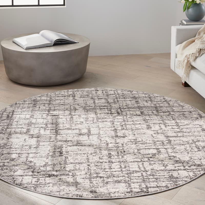 Calvin Klein Rush Glam Modern Abstract Geometric Area Rug - 6' Round - Ivory/Grey - Round