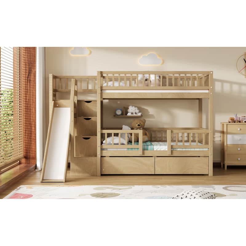 Roomfitters Twin Over Twin Bunk Bed with Slide, Storage Staircase and Drawers