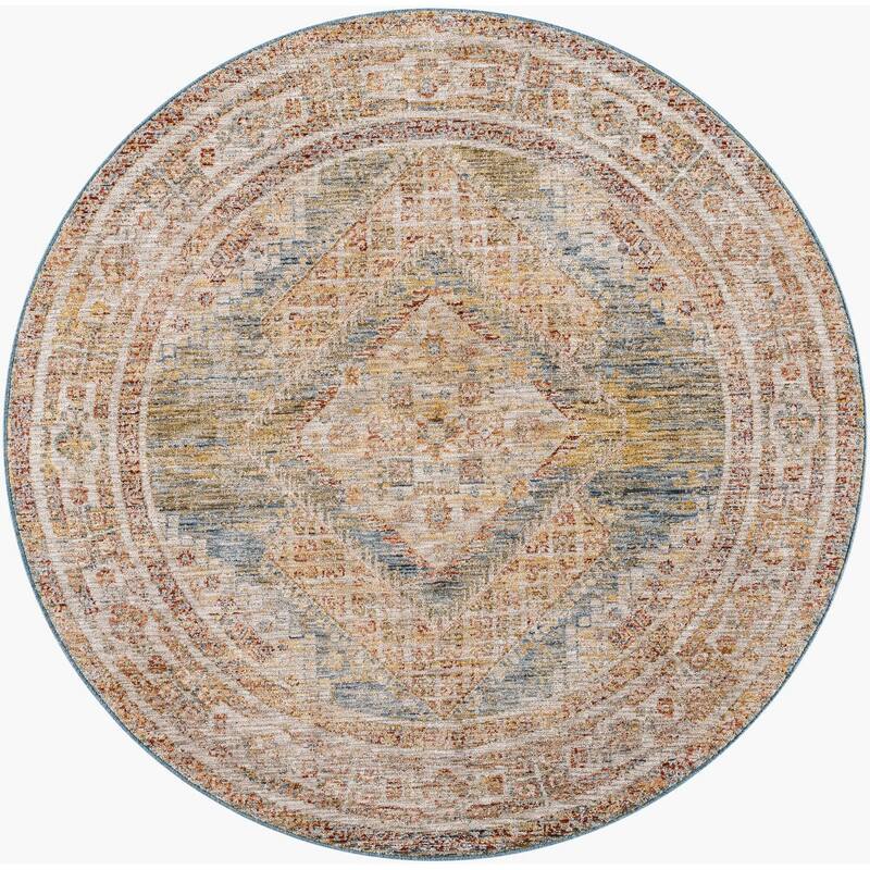 Livabliss Traditional Naila Medallion Area Rug - 7'10" x 7'10" Round - Blue/Salmon