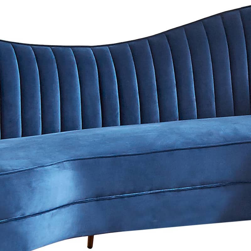 Chad 84 Inch Curved Bean Sofa, Tufted, Camelback, Gold, Royal Blue Velvet