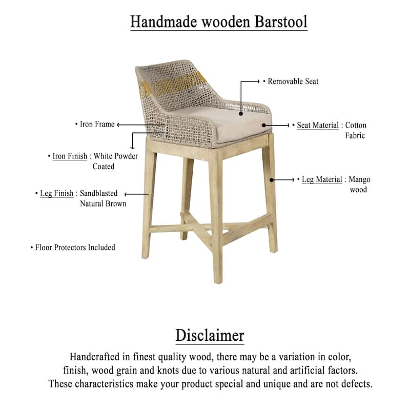 Avira 30 Inch Barstool Chair | Handcrafted Mango Wood | Cotton Rope Weaving | Beige Cushion