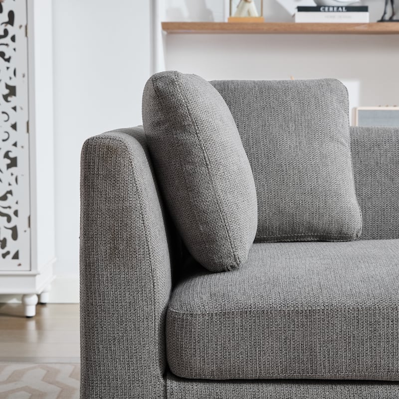 Roomfitters 77.95" Modern Double-Sided Chaise Lounge, Tete-a-Tete Chenille Daybed with 4 Pillows and Walnut Legs, Gray