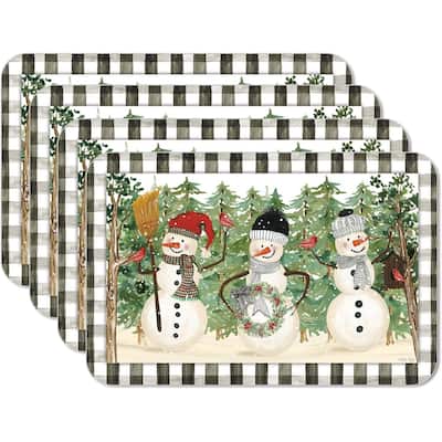 CounterArt Plaid Snowmen, Reversible Easy Care Flexible Plastic Placemat 4 Pack Made in The USA