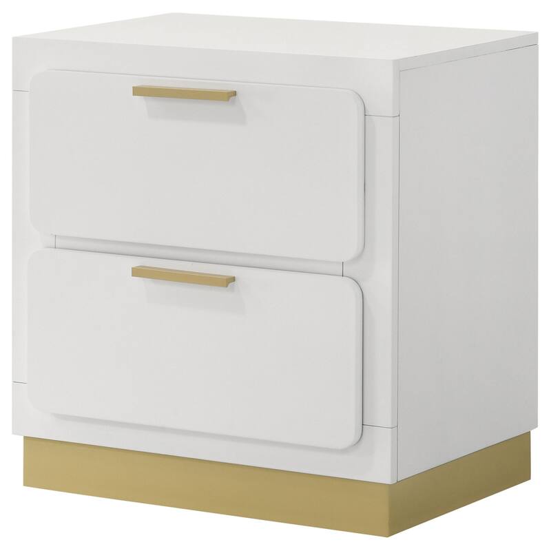 Caer Nightstand, 2 Drawers, Gold Accent Recessed Base, Bar Handles, White