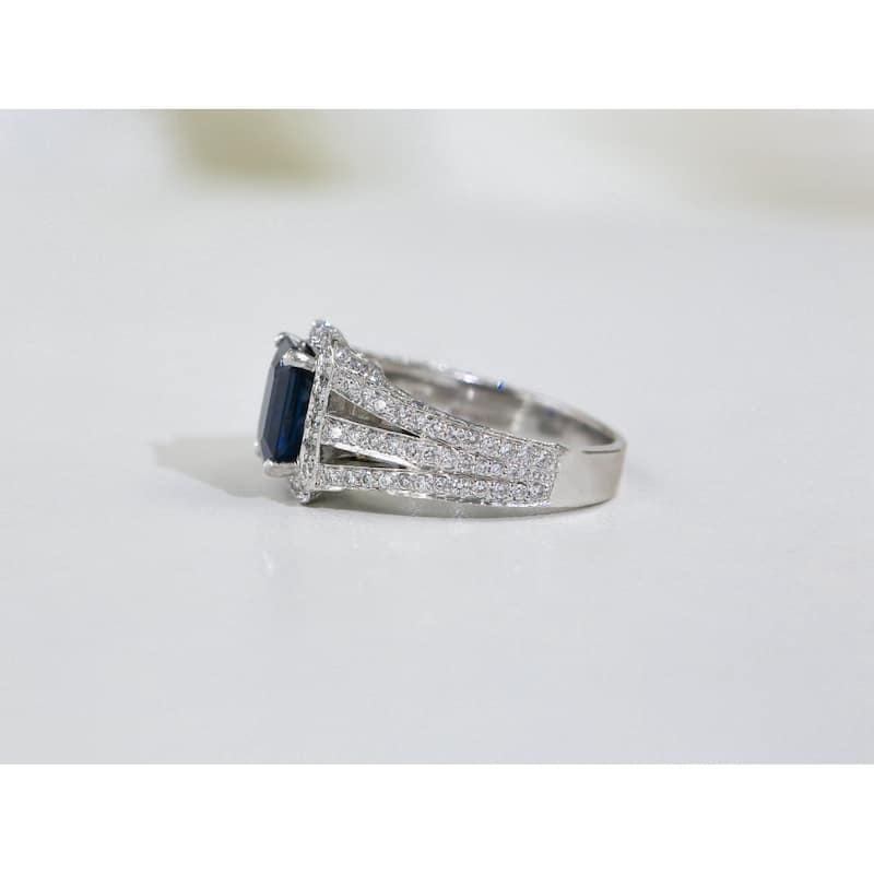 Kobelli 6.29 Carats Blue Sapphire & White Diamond Solid 14k White Gold Emerald-cut Rectangular Halo Split Shank Neptune Ring