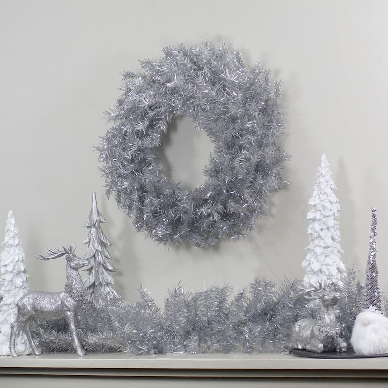 36" Silver Tinsel Artificial Christmas Wreath Unlit