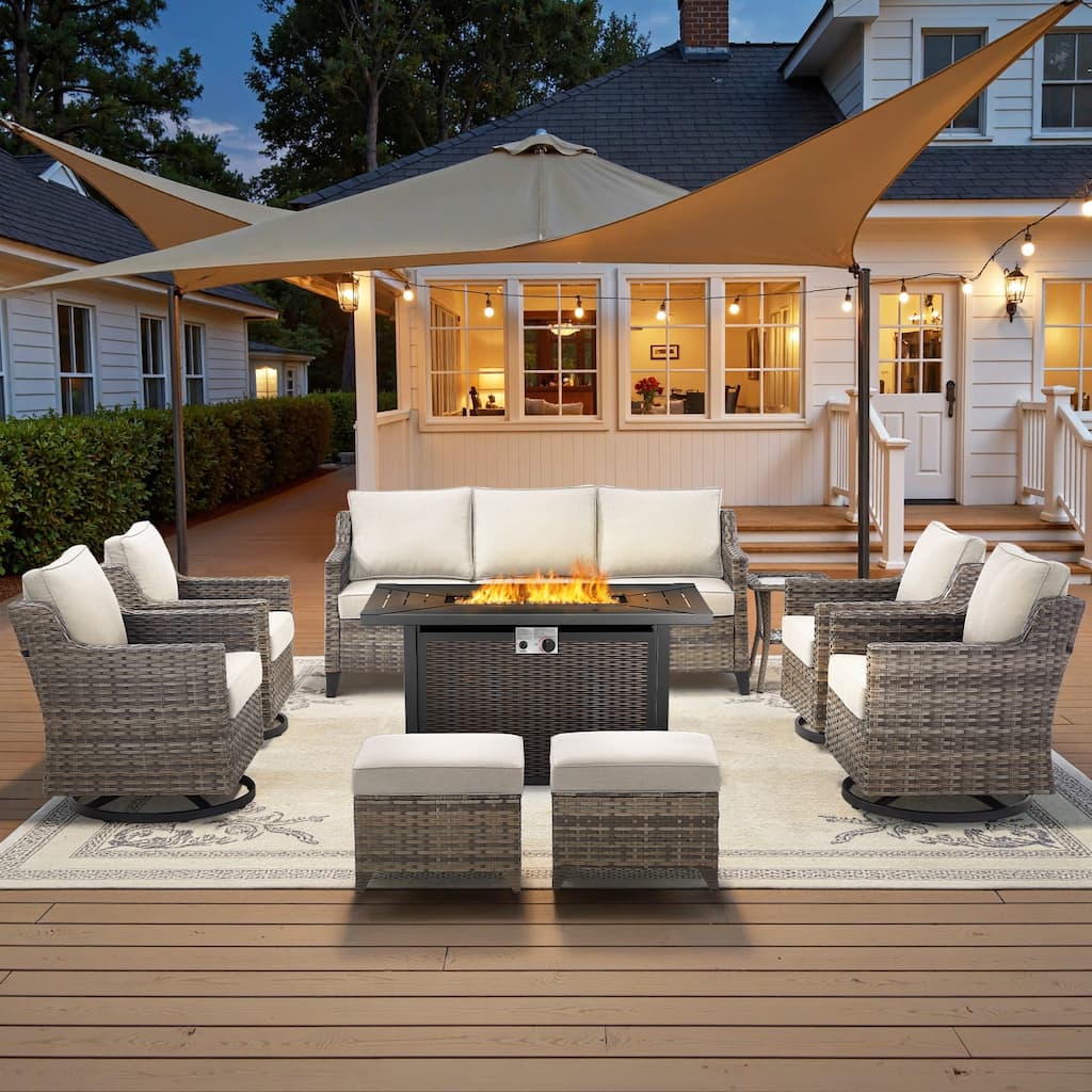 Glissia 9-Piece Gray Wicker Fire Pit Conversation Set with Wicker fire pit