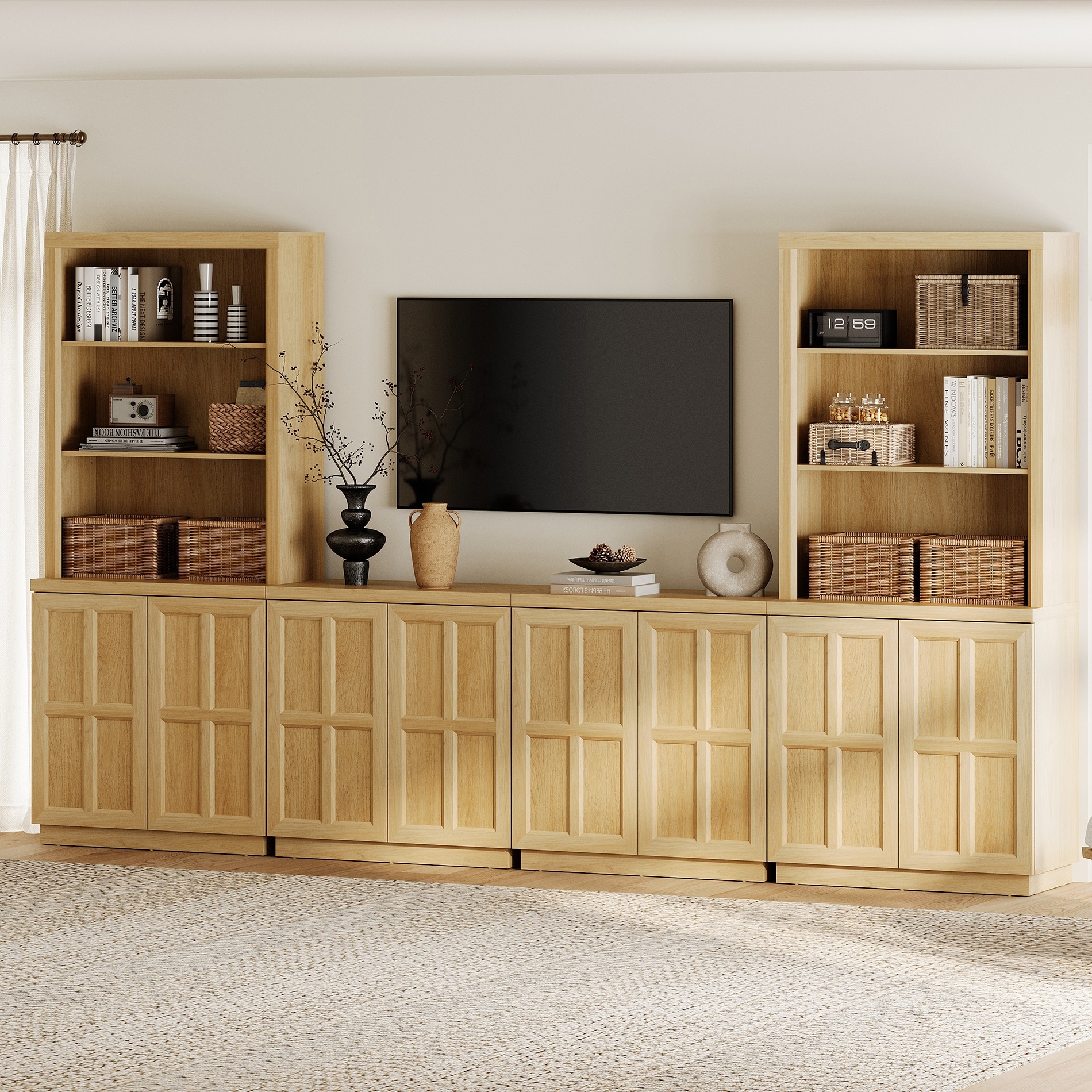 HOMOOI TV Stand up to 70" TV, 2 Upper Bookshelves & 4-in-1 Media Cabinet,Boho Wood Entertainment Center for Living Room,Bedroom