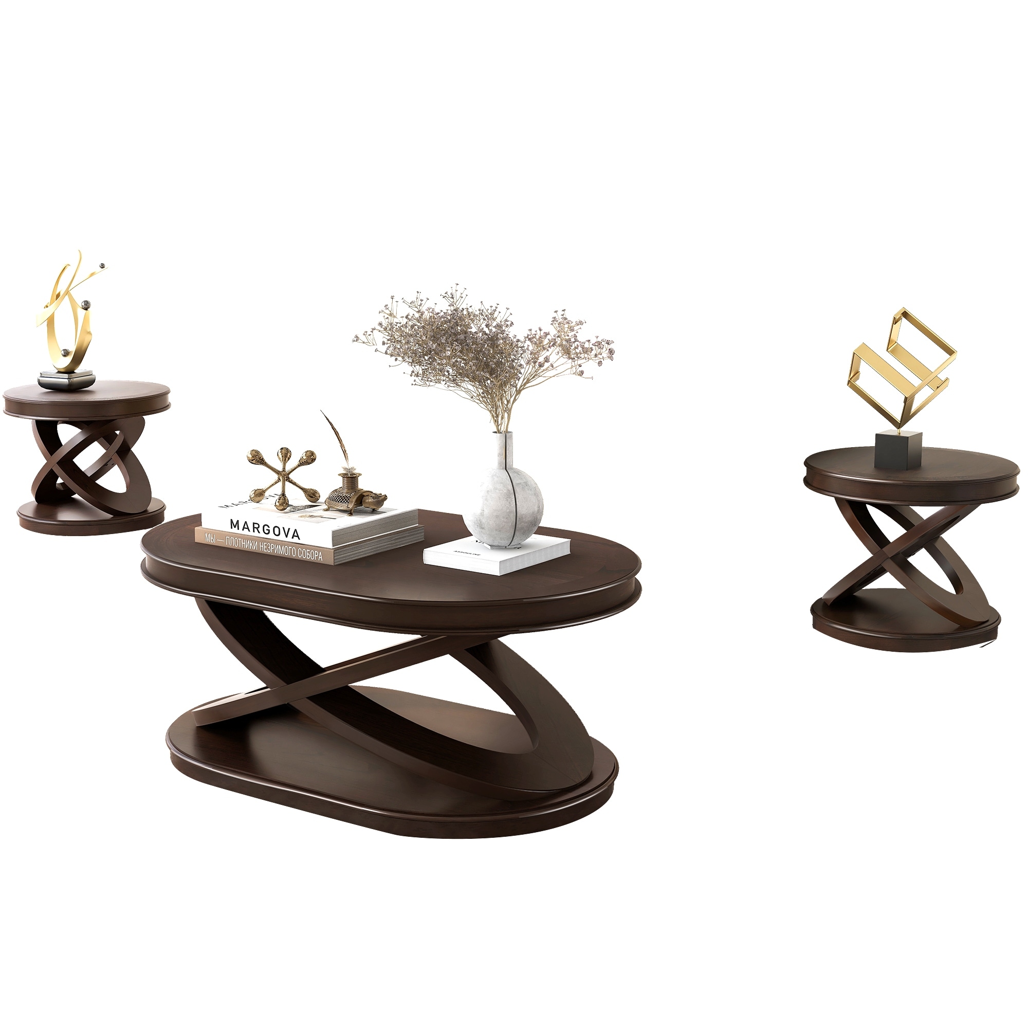 3-Piece Oval Coffee Table with 2 End Tables, Walnut Wood Cocktail Tables Sofa Table w/X-Base for Living Room Accent Tables Set