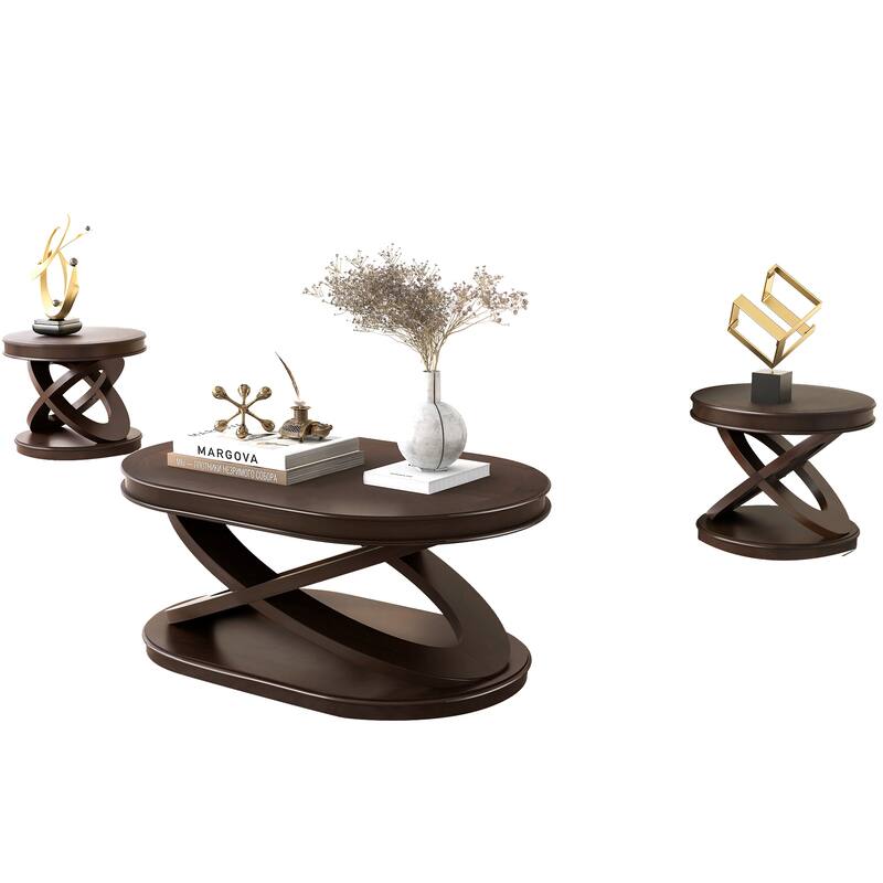 Oval Coffee Table Cocktail Table with X-Shaped Wood Legs, Wood Center Table Accent Table with Round End Table Set of 2 - Espresso