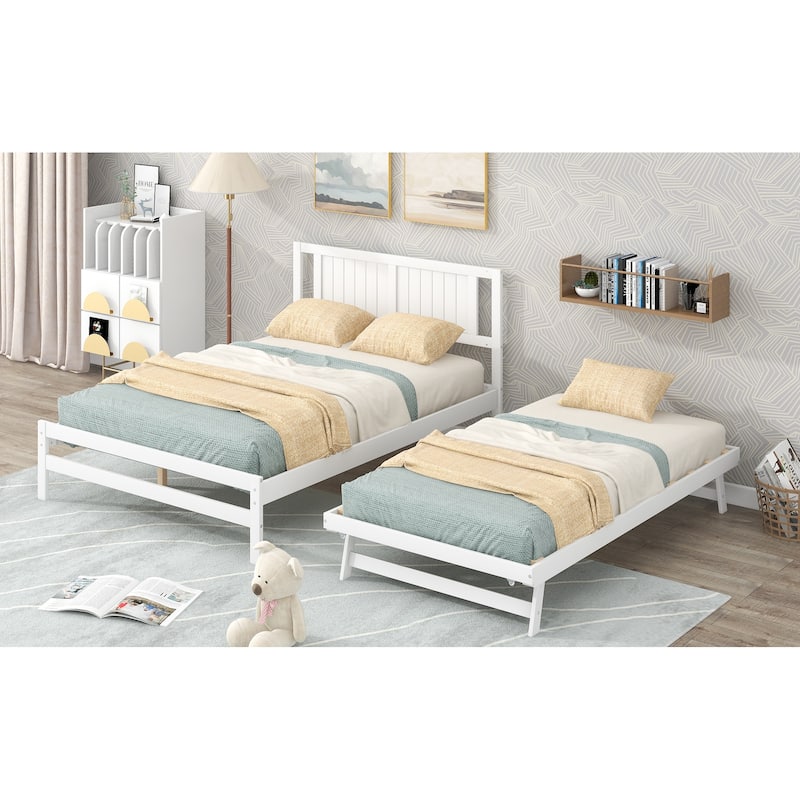 Full Size Platform Bed with Adjustable Trundle in White