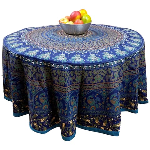Cotton Floral Elephant Jamboree Round Tablecloth Collection - 81 inches