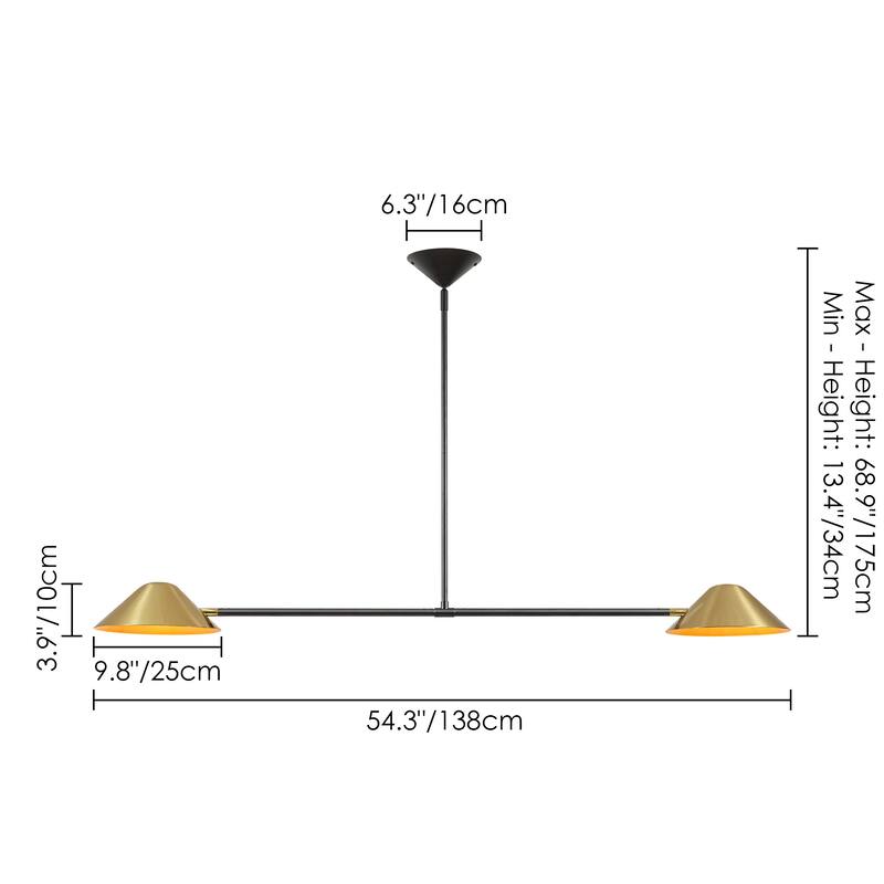2-Light Industrial Black and Brass Linear Cone Pendant Light - 53.94" L × 3.94" H × 9.84" D