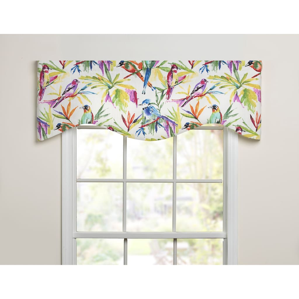 Songbirds tropical purple, blue bright colors on linen shaped valance