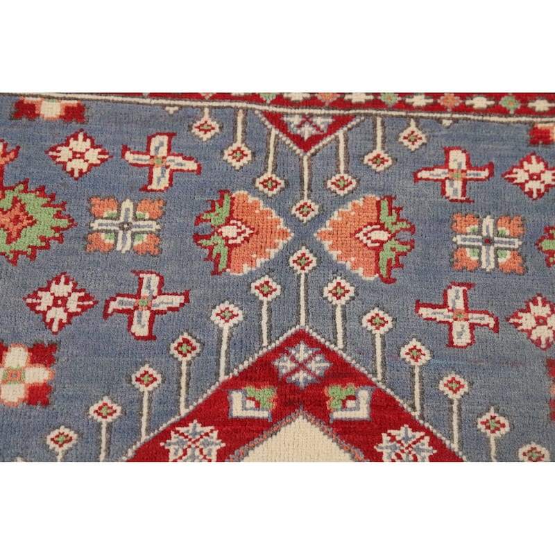 Geometric Blue Kazak Oriental Foyer Rug Hand-Knotted Wool Carpet - 3'4" x 4'11"