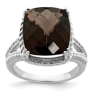 Size 5 Solid 925 Sterling Silver Diamond & Checker-Cut Brown Smoky Simulated Quartz Ring 2mm