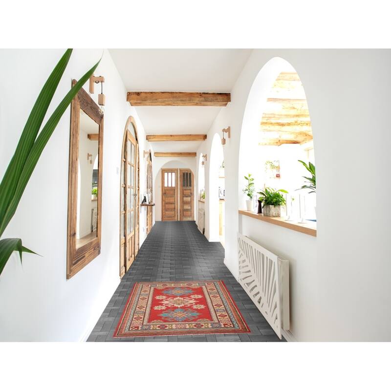 Red Kazak Foyer Rug Handmade Geometric Red Wool Carpet - 2'9" x 4'2"