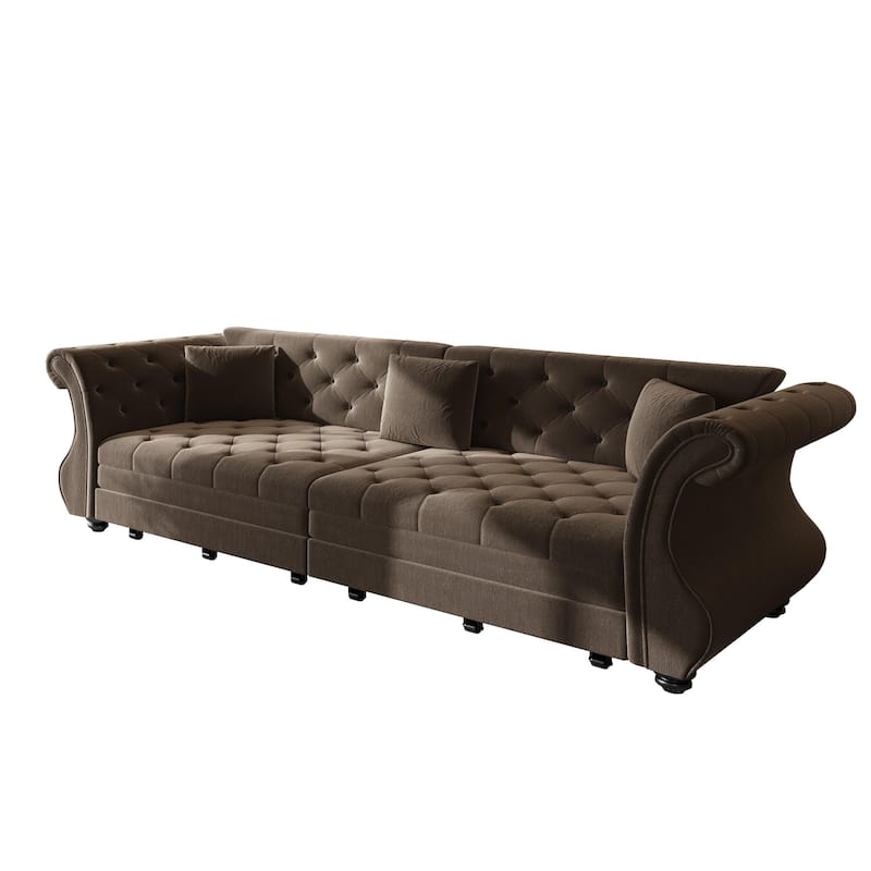 97.6" Oversized Chesterfield Pull-Out Sofa Bed, Velvet Upholstered Sleeper Couch with Roll Arms & Tufting
