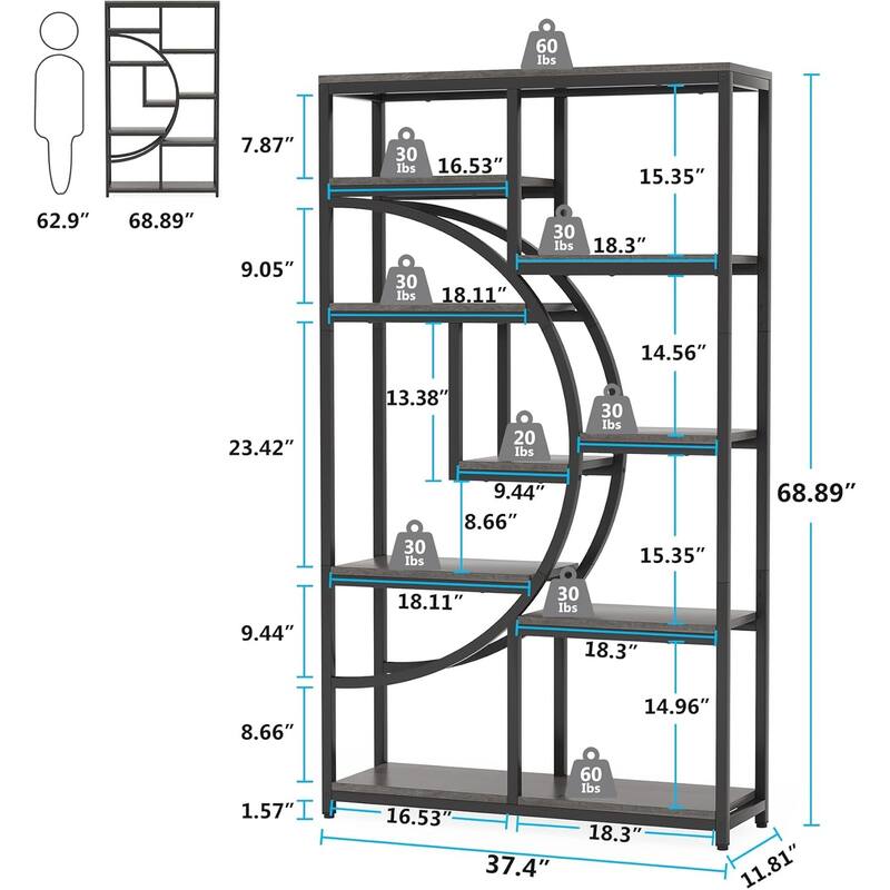 69" Tall Geometric Bookcase with 9 Open Shelves Metal Frame and Marble Laminate Top for Living Room - 37.4”L x 11.81”W x 68.89”H