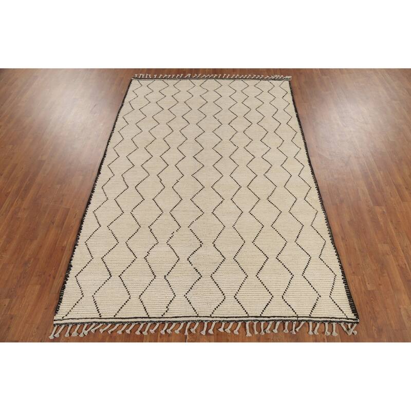 All-Over Geometric Ivory Moroccan Area Rug Handmade Wool Carpet - 6'2"x 9'3"