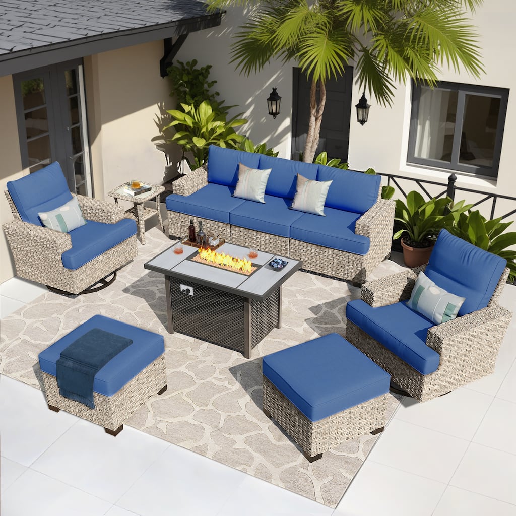 HOOOWOOO 9-piece Wicker Patio Furniture Swivel Rocking Chair Set with Fire Pit