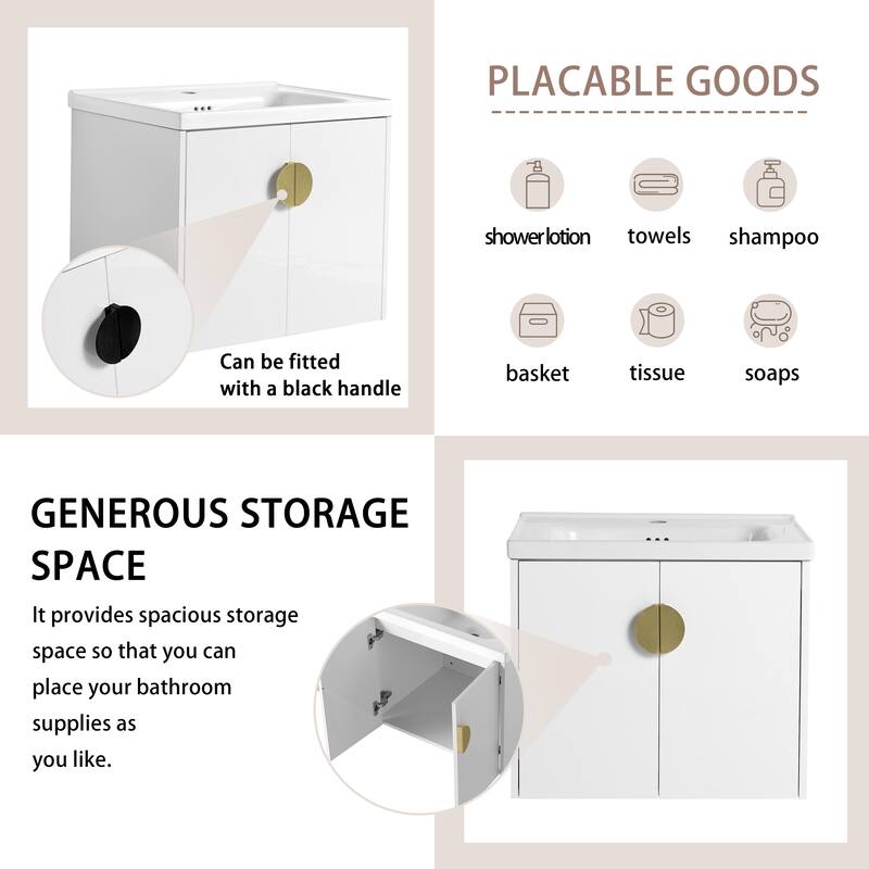 Wall-Mounted Bathroom Vanity with Ceramic Basin, Soft-Close Doors, and Customizable Metal Handles