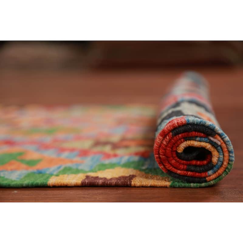 Hand Woven Oriental 100% Wool Carpet Southwestern All-Over Multi-Colored Kilim Runner Rug - 13' 0'' X 2' 7''