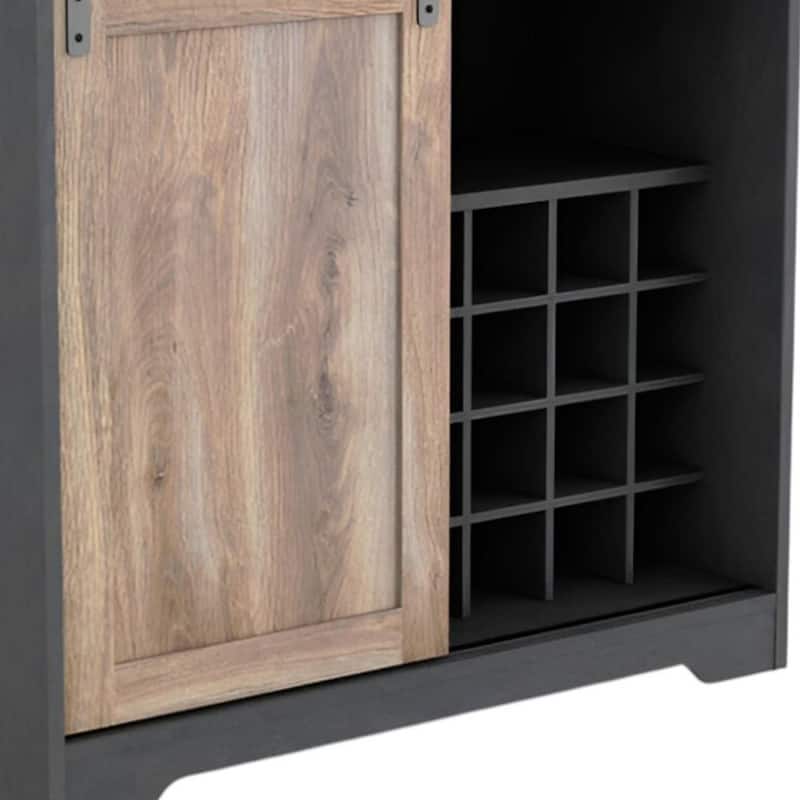 HomeRoots 32" Charcoal And Natural Wood Barn Door Bar Cabinet