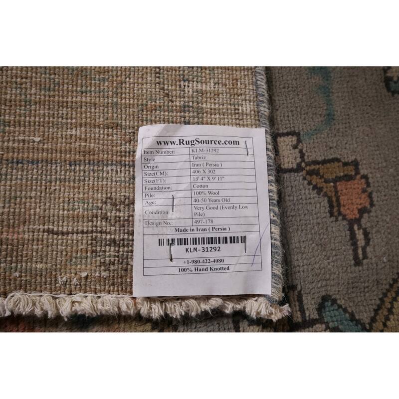 Geometric Gray Tabriz Persian Vintage Area Rug Handmade Wool Carpet - 9'11"x 13'4"