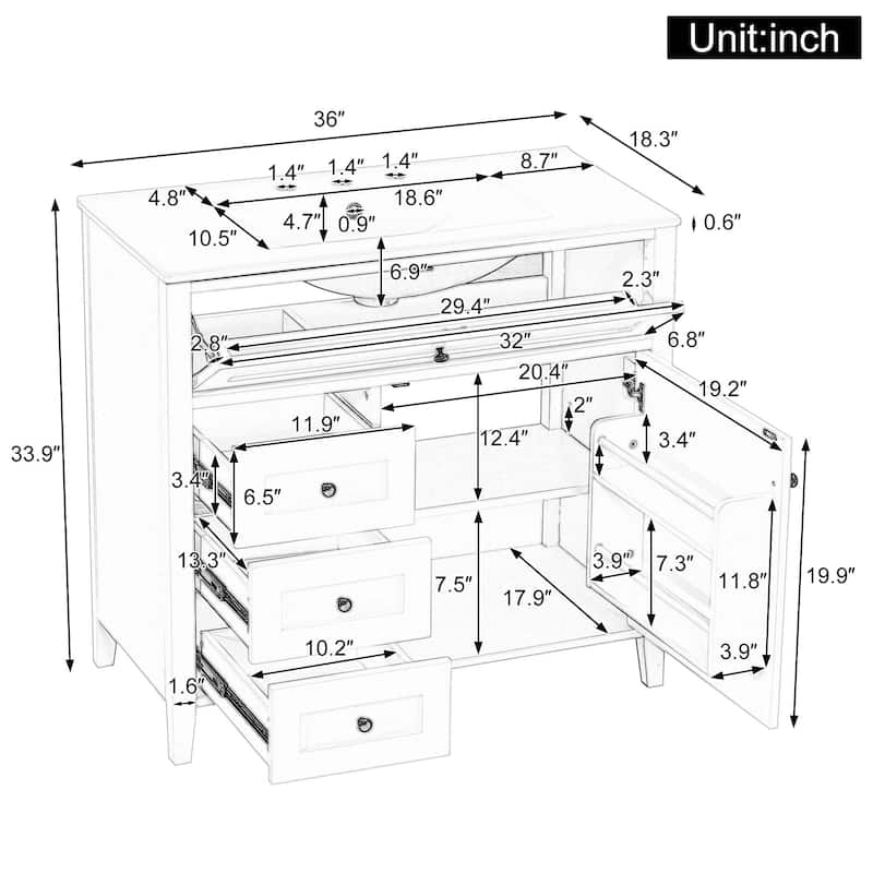 Bathroom Vanity with Sink, Modern MDF and Rubberwood Cabinet with 3 Drawers and Adjustable Shelf