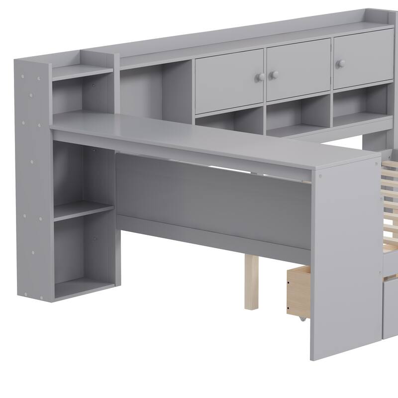 Twin Size Wooden L-Shape Daybed with Study Desk & Built-in Bookshelf, Multi-functional Bed for Bedroom