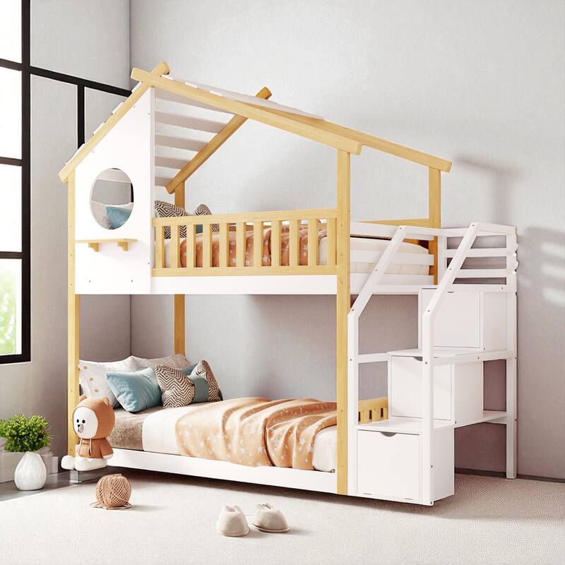 Stairway Twin Over Twin House Bunk Bed with Round Window, Storage Drawers and Shelf, Natural and White Finish - White - Twin