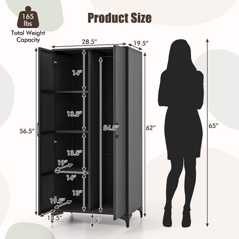Gymax 62'' Wicker Wardrobe w/ 2 Doors Hanging Rod & 4 Storage Cubes