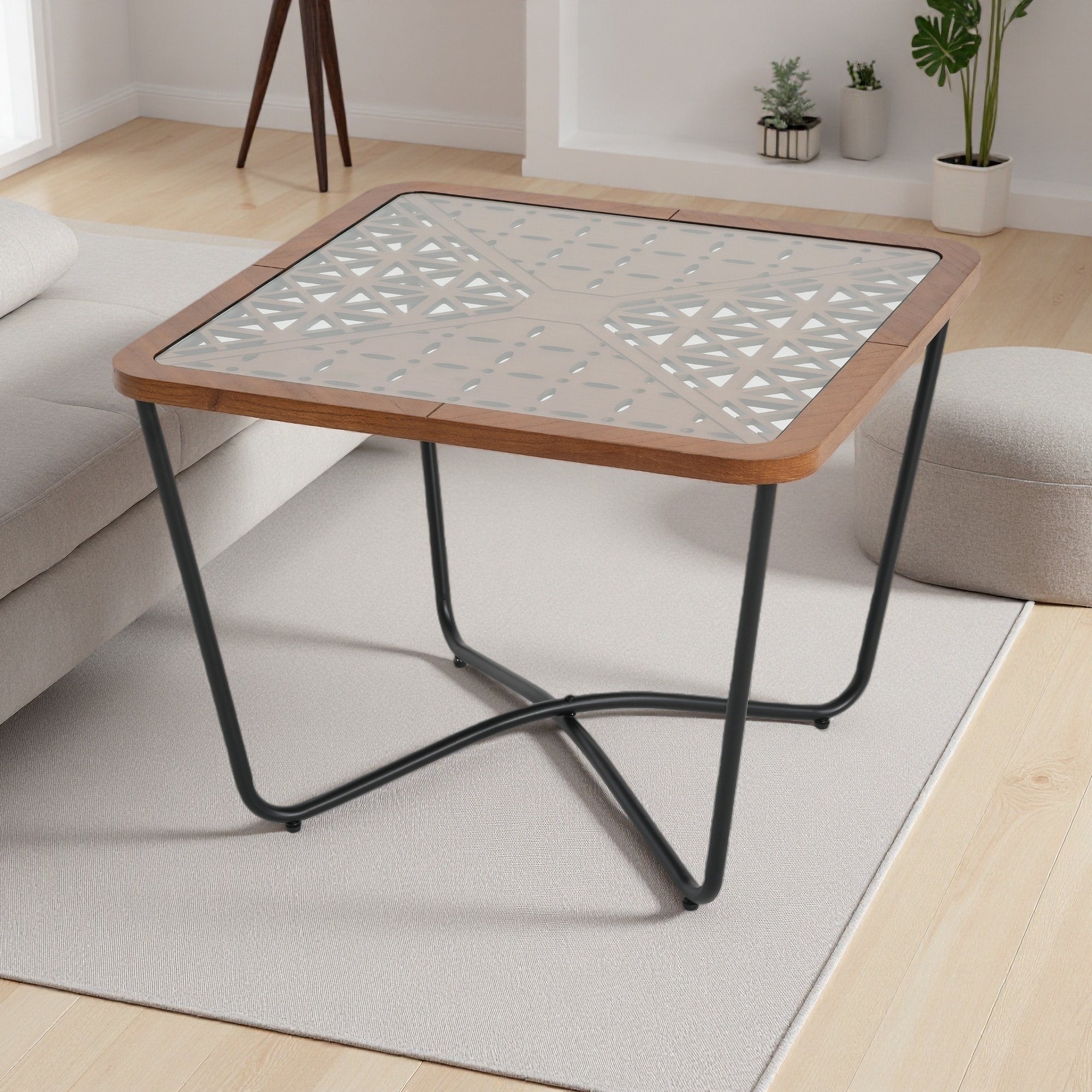 23.6" Square Metal & Wood Coffee Table with Glass Top
