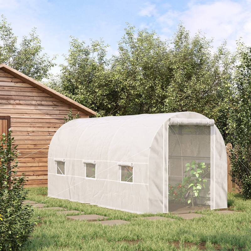 Outsunny 15' x 7' x 7' Walk-In Tunnel Greenhouse, Large Garden Hot House Kit with 6 Roll-up Windows & Roll Up Door - White - Plastic/Steel